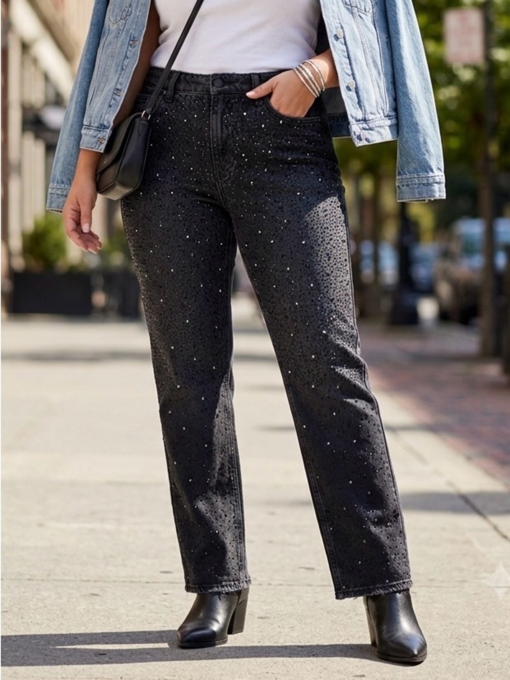 Good American Rhinestone Embellished Sparkly Straight Leg Black Jeans Size 4 27⁠